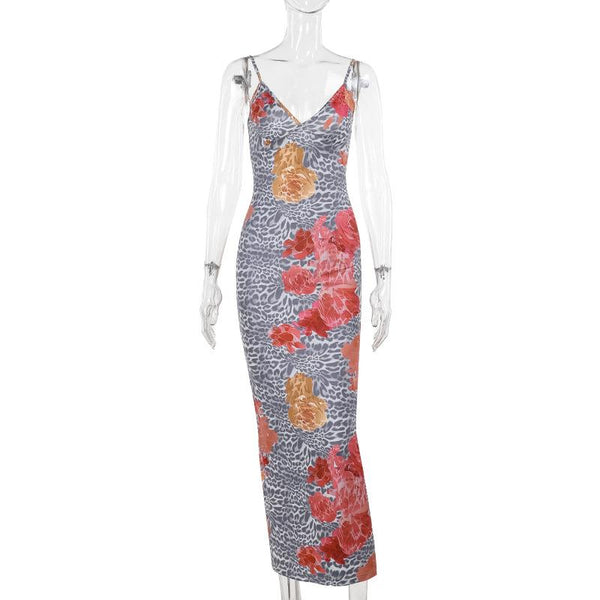 Robe longue fendue dos nu à imprimé léopard et col en V 