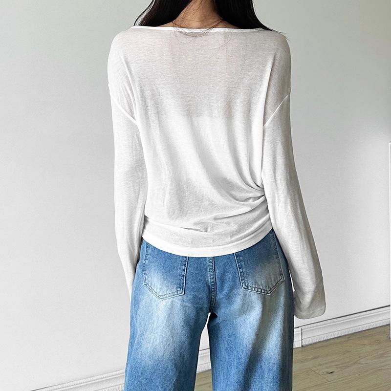 Long sleeve ruched button hollow out 2 piece top