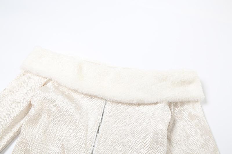 Off shoulder long sleeve fluffy zip-up solid top