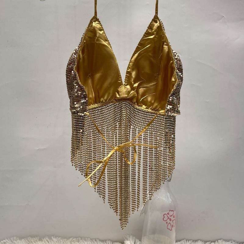 Haut à paillettes avec col en V et pompons à nouer soi-même 