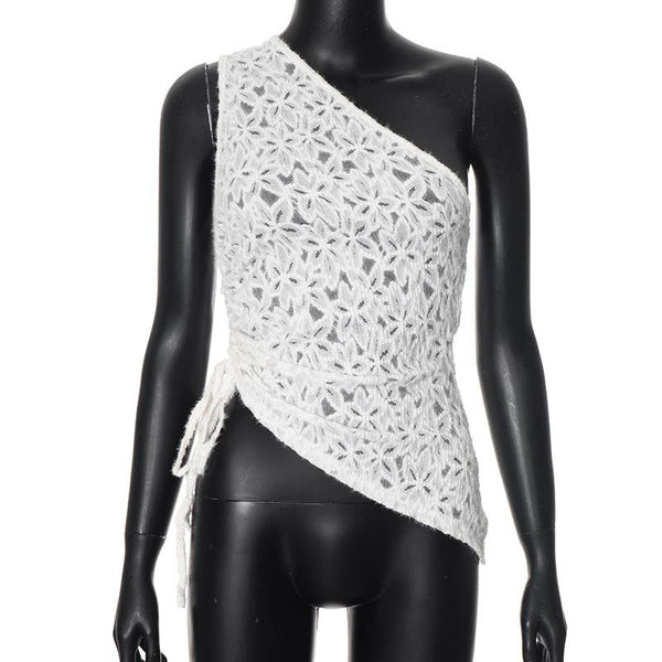One shouler drawstring lace fluffy top