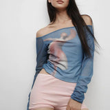 Off shoulder long sleeve character print mesh top