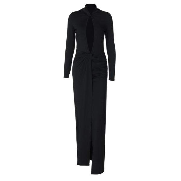 Long sleeve hollow out high slit ruched maxi dress