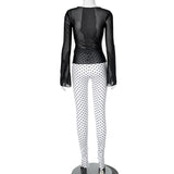 Long sleeve polka dot bowknot mesh crewneck pant set