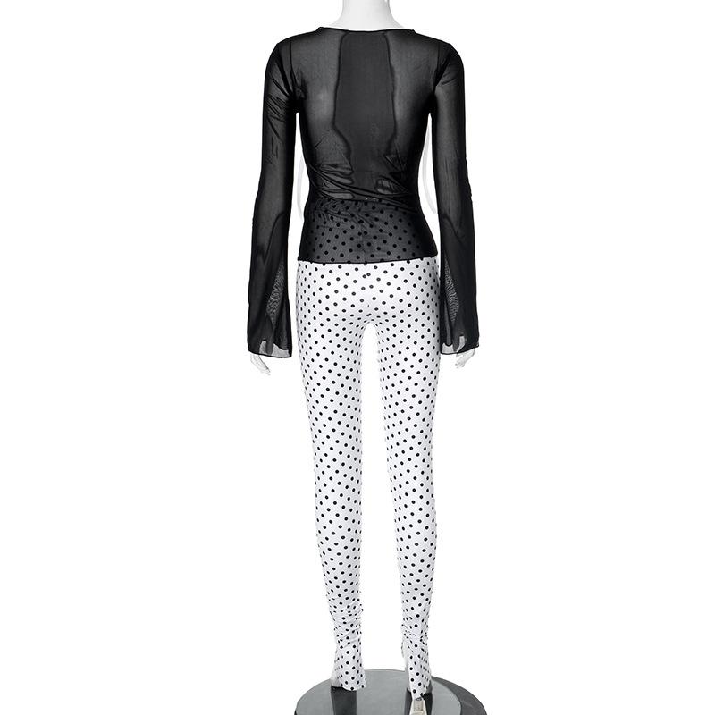Long sleeve polka dot bowknot mesh crewneck pant set