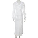 Vestido midi de punto con abertura y encaje, cuello en V y manga larga 