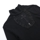 Top liso con cuello alto y manga larga con estampado cruzado 