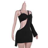 Irregular long sleeve hollow out o ring mini dress