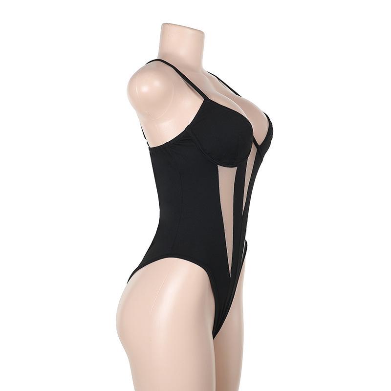 Body de tirantes finos con espalda descubierta y diseño de patchwork de malla 