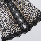 Leopard print lace hem hollow out v neck top