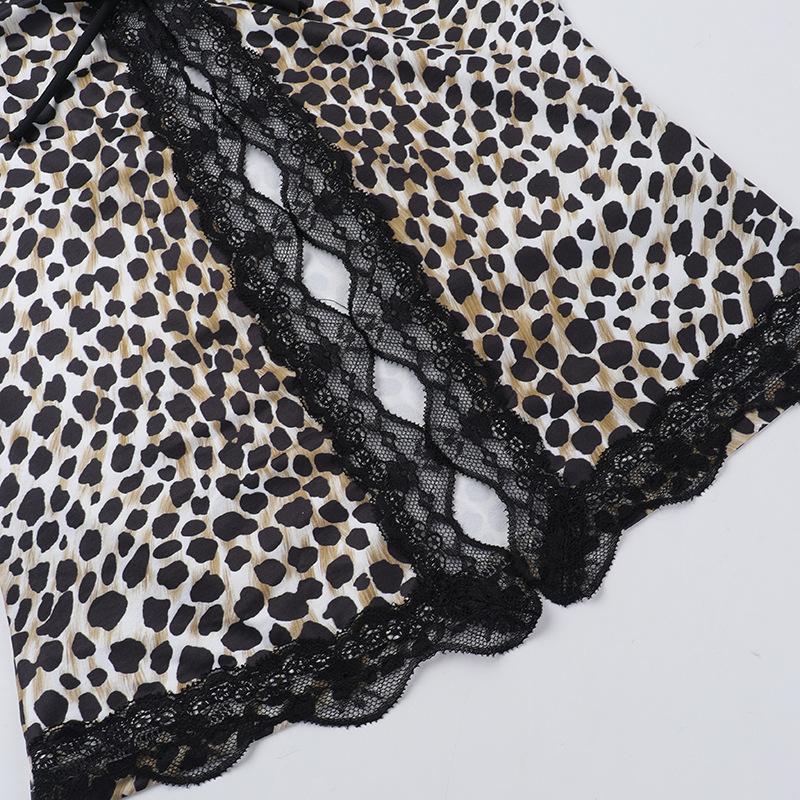 Leopard print lace hem hollow out v neck top