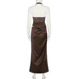 Halter square neck ruched zip-up solid maxi dress