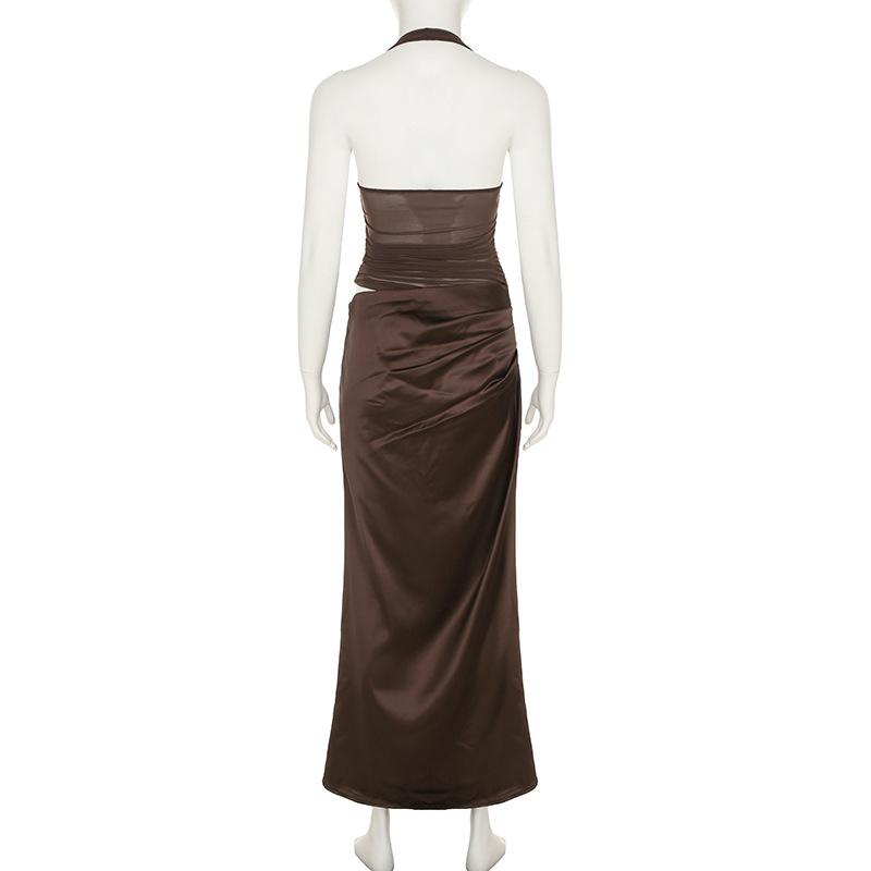 Halter square neck ruched zip-up solid maxi dress