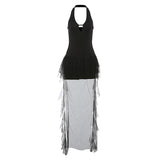 Halter hollow out ruffle mesh backless mini dress