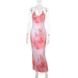 Vestido largo con escote halter, estampado de mariposas y abertura 