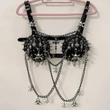 Top de tirantes con hebilla y aplique de calavera con remaches de cadena de metal 