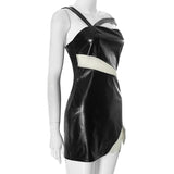 Irregular PU leather mesh zip-up mini dress