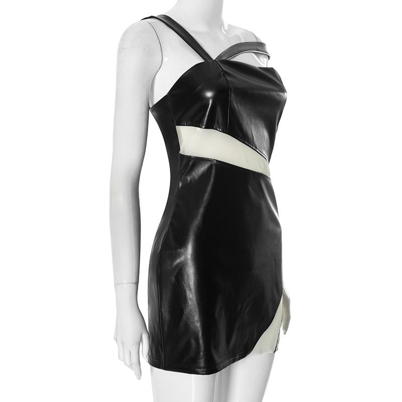 Irregular PU leather mesh zip-up mini dress