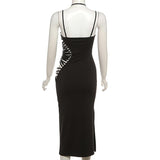 Irregular hollow out halter o ring cami slit midi dress