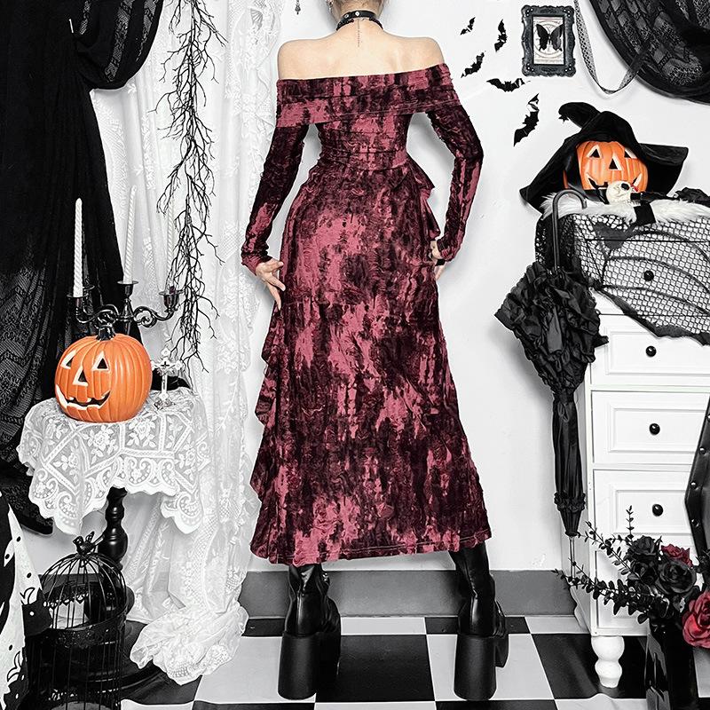 Vestido midi con volantes en contraste, abertura y manga larga con hombros descubiertos 