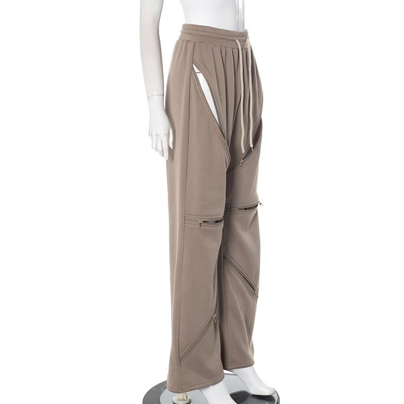Drawstring zip-up hollow out medium rise sports pants