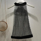 Crewneck hollow out see through beaded button top