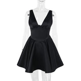 Smocked deep V neck backless cami mini dress
