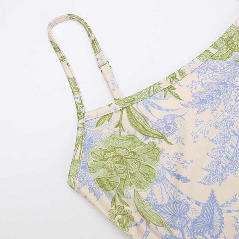 Robe longue camisole contrastée à imprimé floral et col en U 