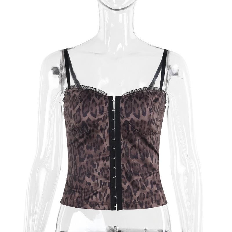 Haut camisole dos nu à volants et imprimé léopard à col en V 