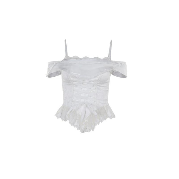 Top camisola tipo corsé con hombros descubiertos y dobladillo de encaje con cordones 