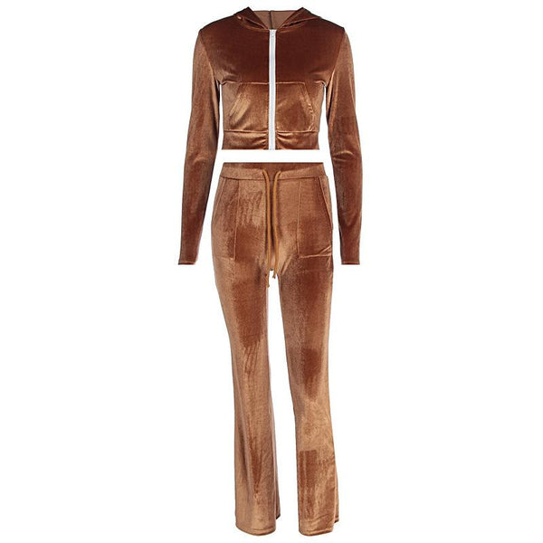 Ensemble sweat à capuche, fermeture éclair, cordon de serrage, manches longues et pantalon en velours 