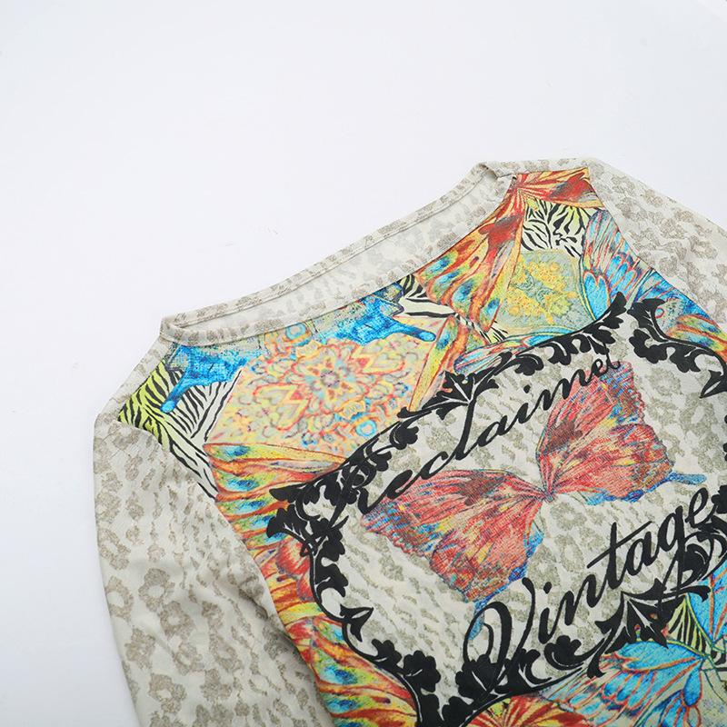Long sleeve crewneck sheer mesh butterfly print top