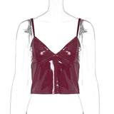 V neck PU leather solid backless cami top