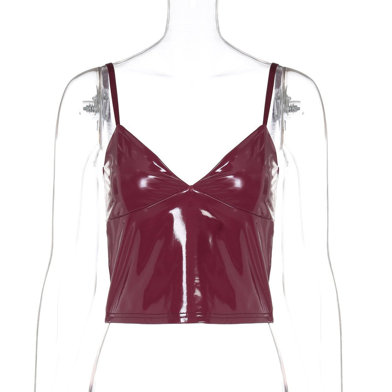 V neck PU leather solid backless cami top