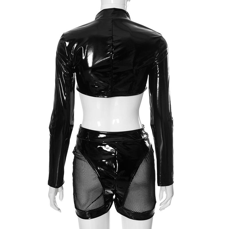 Long sleeve PU leather zip-up turnover collar pant set