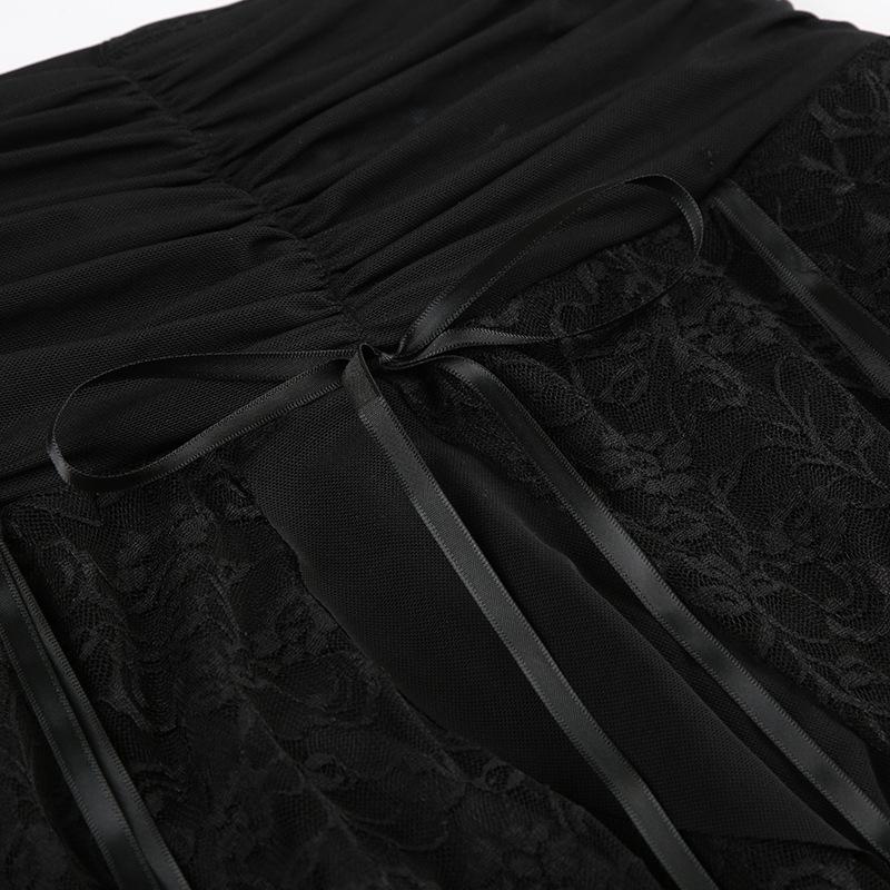 Falda midi lisa con lazo irregular y encaje fruncido 