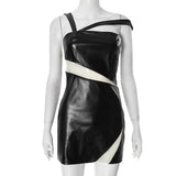 Irregular PU leather mesh zip-up mini dress