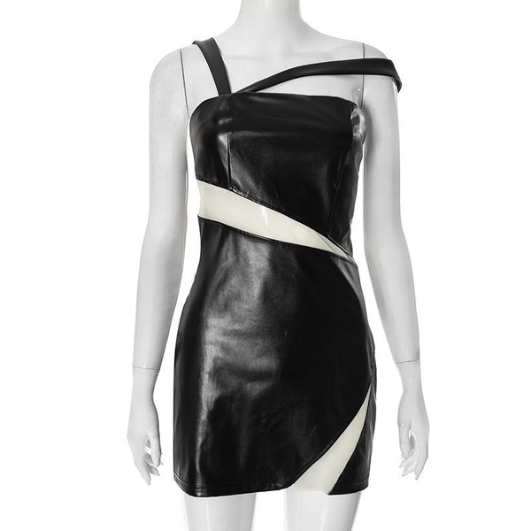 Minivestido de malla de cuero PU irregular con cremallera 