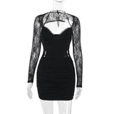 Vestido mini de manga larga con encaje calado y fruncido con lazo 