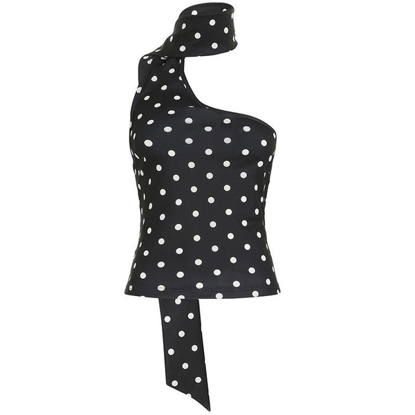 Top de un hombro sin espalda con cuello halter y lunares irregulares 