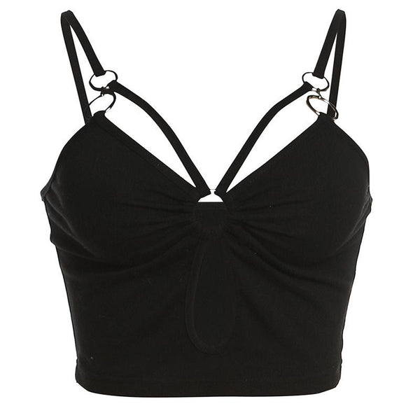Hollow out o ring ruched v neck solid cami top