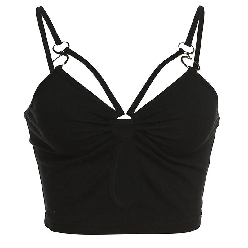 Hollow out o ring ruched v neck solid cami top