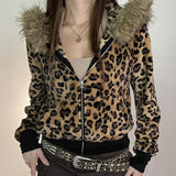 Long sleeve hoodie fluffy zip-up leopard print top