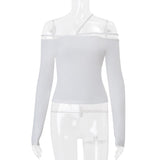 Long sleeve one shoulder hollow out solid top