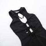 Self tie hollow out crewneck slit solid midi dress