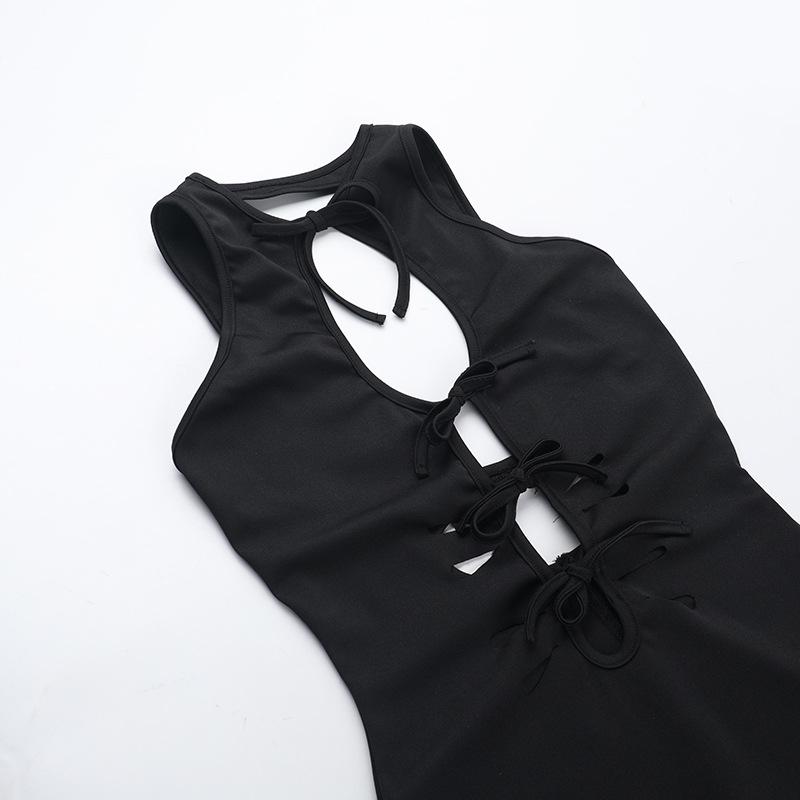 Self tie hollow out crewneck slit solid midi dress