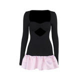 Long sleeve hollow out ribbed ruffle v neck mini dress