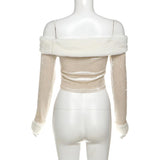 Off shoulder long sleeve fluffy zip-up solid top