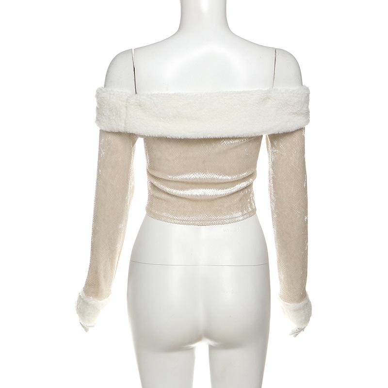Off shoulder long sleeve fluffy zip-up solid top