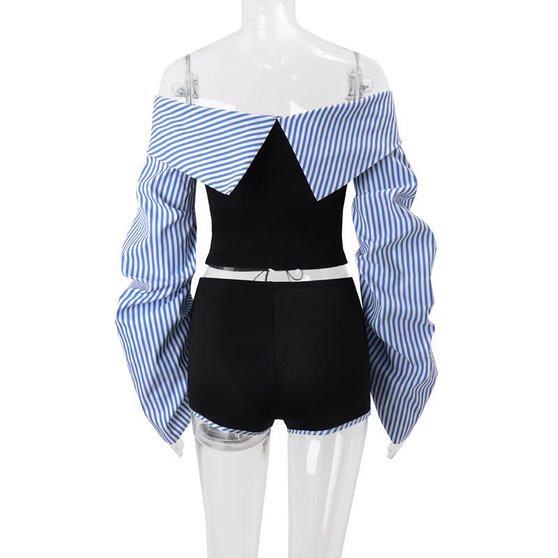 Long sleeve ruched striped off shoulder pant set